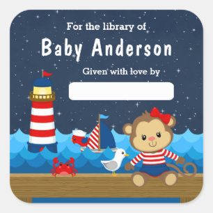 Nautisch Meisjes Aap Rode en Marine Baby Ex-Libris Vierkante Sticker