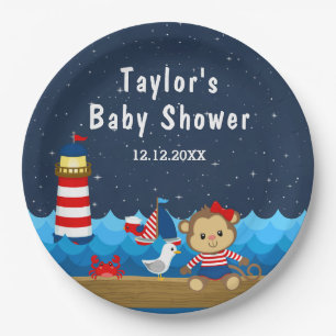 Nautisch Meisjes Aap Rood en Marine Baby Shower Papieren Bordje