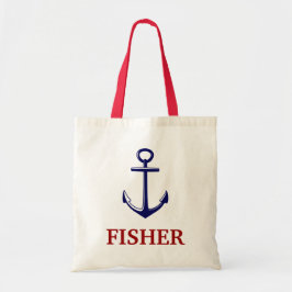 Nautisch met zwarte anchor-rode balkband tote bag