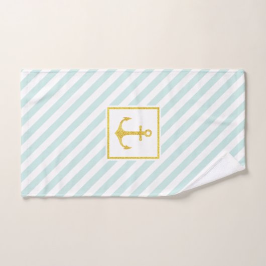 Nautisch Mint Blue Stripe Faux Gold Glitter Anchor Handdoek (Handdoek)
