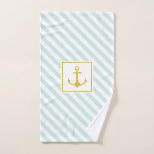 Nautisch Mint Blue Stripe Faux Gold Glitter Anchor Handdoek (Handdoek)