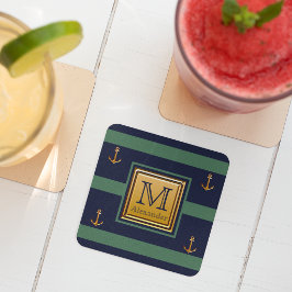 Nautisch modern anker blauw goud groen monogram kartonnen onderzetters
