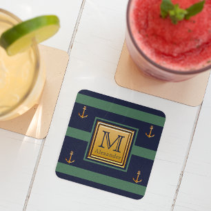 Nautisch modern anker blauw goud groen monogram kartonnen onderzetters