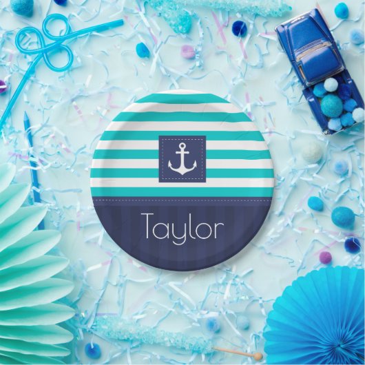 Nautisch Modern Gestreept Ankerontwerp Gepersonali Papieren Bordje (Feest)