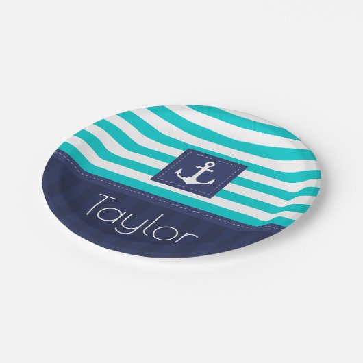 Nautisch Modern Gestreept Ankerontwerp Gepersonali Papieren Bordje (Gekanteld)