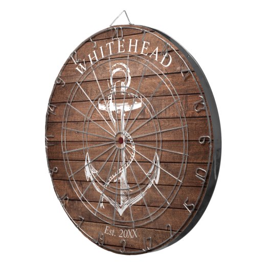 Nautisch Monogram Anker Bruin Hout Dartbord (Voorkant Rechts)