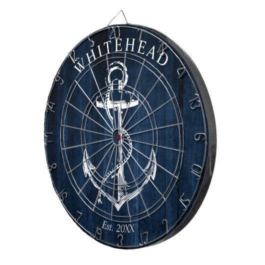 Nautisch Monogram Anker Marine Blauw Hout Dartbord (Voorkant Rechts)
