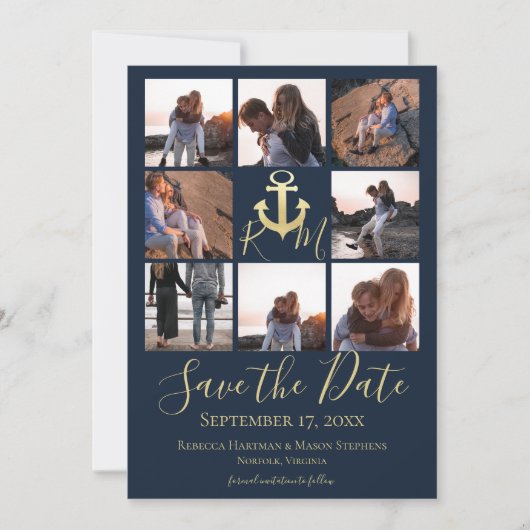Nautisch Monogram Anker Marine Blauw Multi Foto Save The Date (Voorkant)
