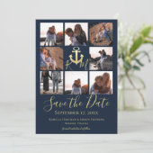 Nautisch Monogram Anker Marine Blauw Multi Foto Save The Date (Staand voorkant)