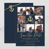 Nautisch Monogram Anker Marine Blauw Multi Foto Save The Date (Voorkant / Achterkant)