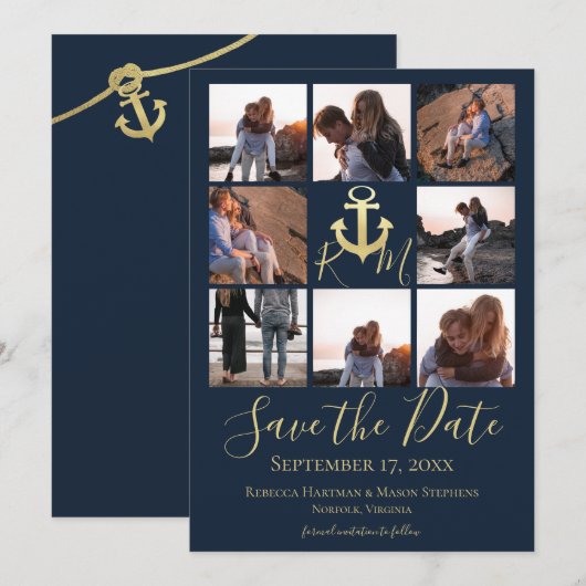 Nautisch Monogram Anker Marine Blauw Multi Foto Save The Date (Voorkant / Achterkant)