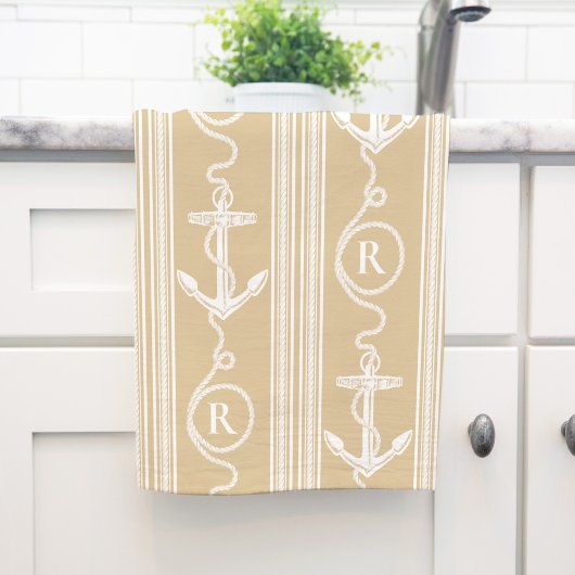 Nautisch monogram Anker met Rope Zand Kleur Theedoek