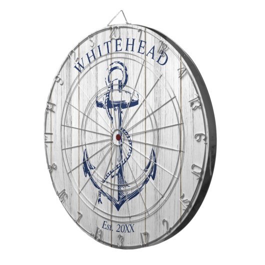 Nautisch Monogram Anker Wit Hout Dartbord (Voorkant Rechts)