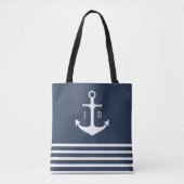 Nautisch monogram | Blauwe witte strepe anchor Tote Bag (Voorkant)