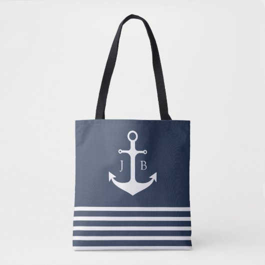 Nautisch monogram | Blauwe witte strepe anchor Tote Bag (Voorkant)