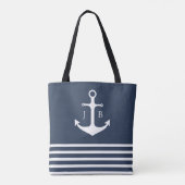 Nautisch monogram | Blauwe witte strepe anchor Tote Bag (Achterkant)