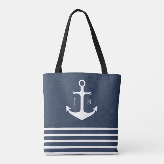Nautisch monogram | Blauwe witte strepe anchor Tote Bag (Achterkant)