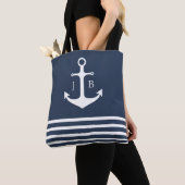 Nautisch monogram | Blauwe witte strepe anchor Tote Bag (Dichtbij)