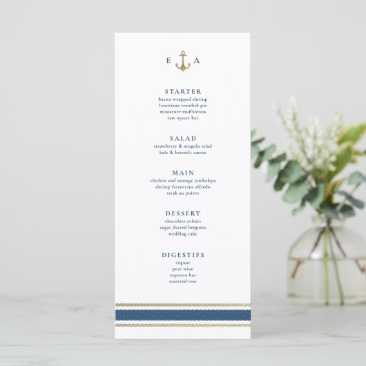 Nautisch Monogram Goud en Blauw Huwelijk Menu (Staand voorkant)