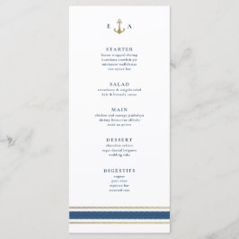Nautisch Monogram Goud en Blauw Huwelijk Menu
