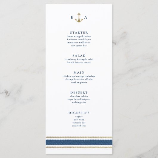 Nautisch Monogram Goud en Blauw Huwelijk Menu (Voorkant)