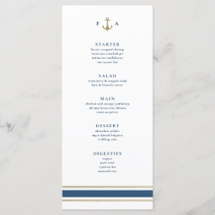 Nautisch Monogram Goud en Blauw Huwelijk Menu