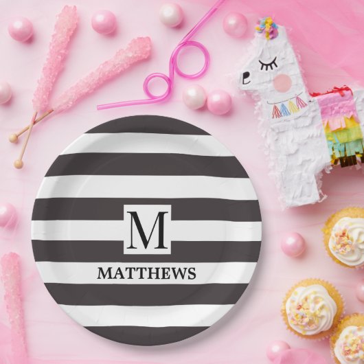 Nautisch Monogram Marine Blauwe Strepen Familienaa Papieren Bordje (Feest)