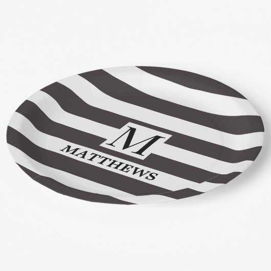 Nautisch Monogram Marine Blauwe Strepen Familienaa Papieren Bordje (Gekanteld)