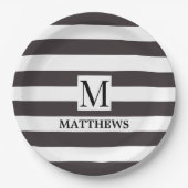 Nautisch Monogram Marine Blauwe Strepen Familienaa Papieren Bordje (Voorkant)