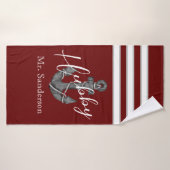 Nautisch Monogram Maroon Rood Bloemen Anker Badhanddoek (Badhanddoek)