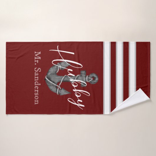 Nautisch Monogram Maroon Rood Bloemen Anker Badhanddoek (Badhanddoek)