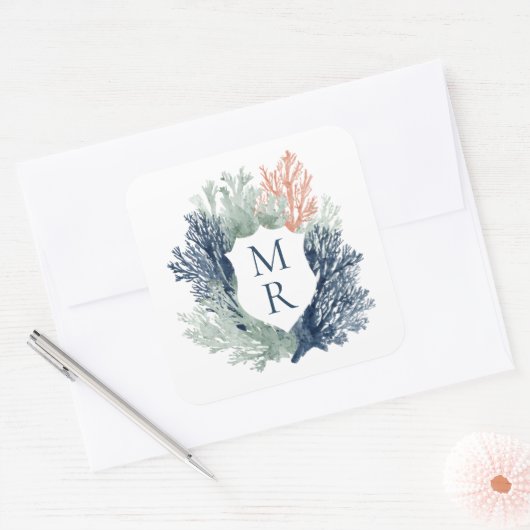 Nautisch Monogram Ocean Beach Marine Wedding Vierkante Sticker (Envelop)