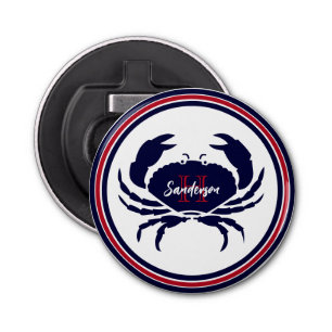 Nautisch monogram rode marine witte krab button flesopener