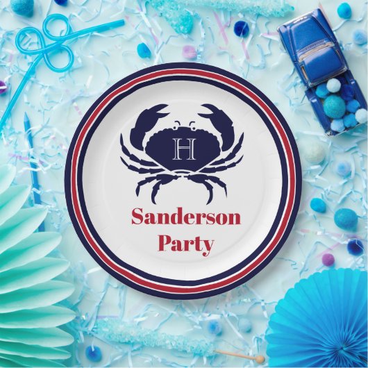Nautisch monogram rode marine witte krab papieren bordje (Feest)