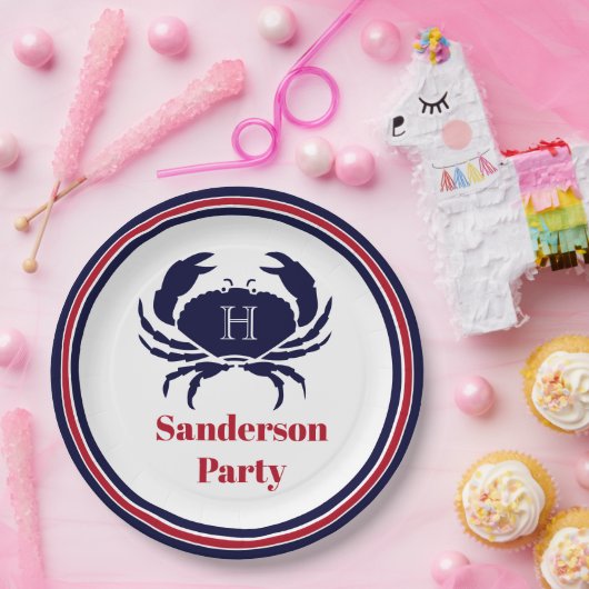 Nautisch monogram rode marine witte krab papieren bordje (Feest)