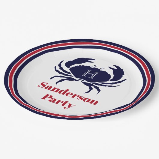 Nautisch monogram rode marine witte krab papieren bordje (Gekanteld)