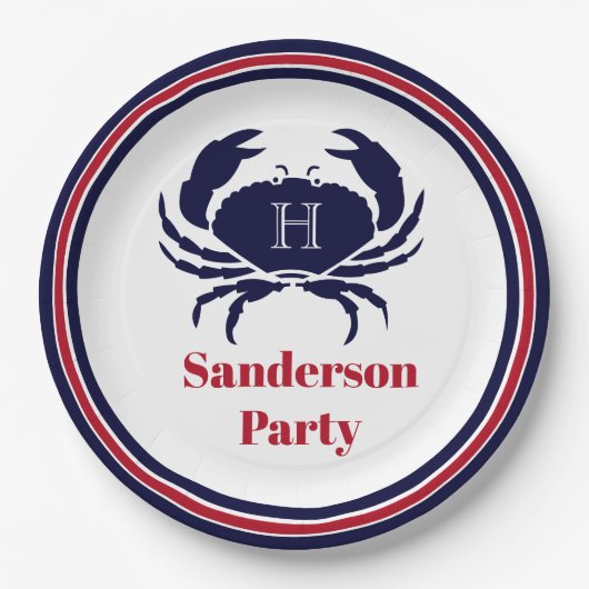 Nautisch monogram rode marine witte krab papieren bordje (Voorkant)