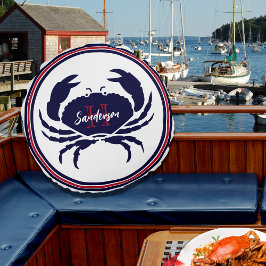 Nautisch monogram rode marine witte krab rond kussen