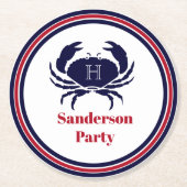 Nautisch monogram rode marine witte krab ronde kartonnen onderzetter (Voorkant)