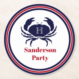 Nautisch monogram rode marine witte krab ronde kartonnen onderzetter