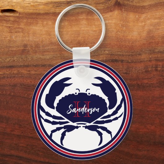 Nautisch monogram rode marine witte krab sleutelhanger (Achterkant)