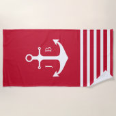 Nautisch Monogram Rood Wit Streepanker Strandlaken (Voorkant)