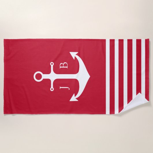 Nautisch Monogram Rood Wit Streepanker Strandlaken (Voorkant)