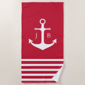 Nautisch Monogram Rood Wit Streepanker Strandlaken (Voorkant)