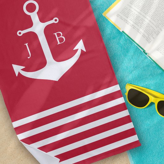 Nautisch Monogram Rood Wit Streepanker Strandlaken