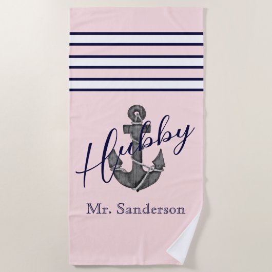 Nautisch Monogram Roze en Navy Blue Anker Strandlaken (Voorkant)