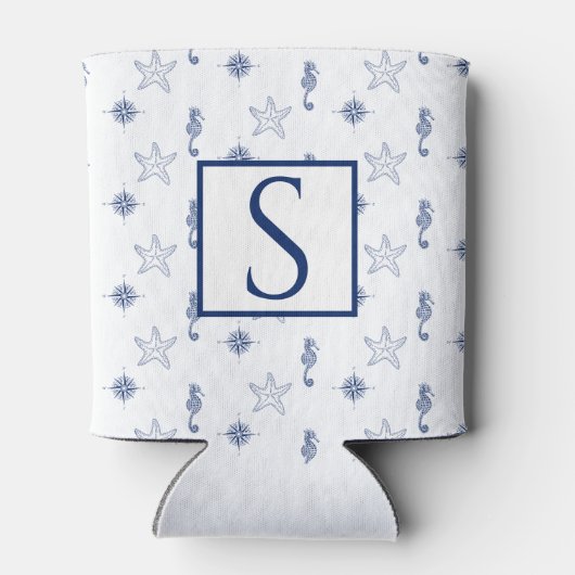 Nautisch monogram Seahorse Starfish Navy Blue Blikjeskoeler (Achterkant)
