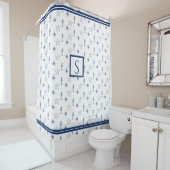 Nautisch monogram Seahorse Starfish Navy Blue Douchegordijn (In situ)