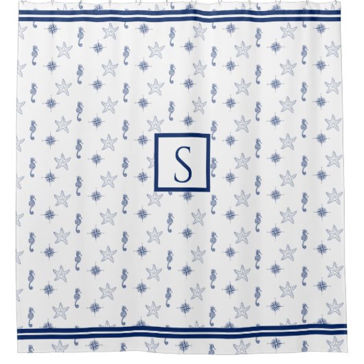 Nautisch monogram Seahorse Starfish Navy Blue Douchegordijn (Voorkant)