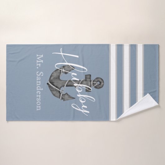 Nautisch Monogram Stoffig Blauw Bloemen Anker Stra Badhanddoek (Badhanddoek)